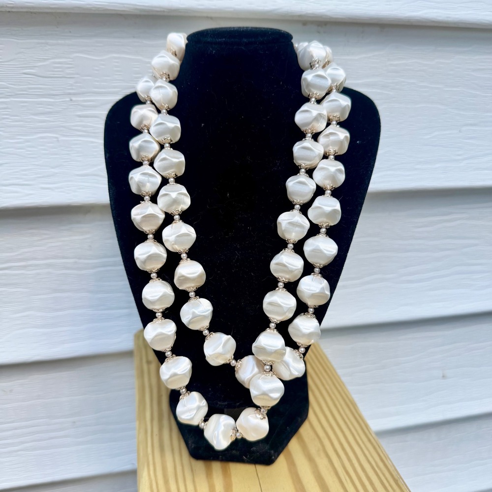 Vintage Japan Double Strand Hammered Faux Pearl Necklace White Statement 21in